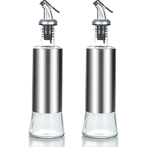 Bouteille d'huile avec bec verseur, distributeur de vinaigre et d'huile, récipient pour bouteille d'huile d'olive en acier inoxydable, 2 bouteilles d'huile de cuisson (300 ml x 2) (1/5)