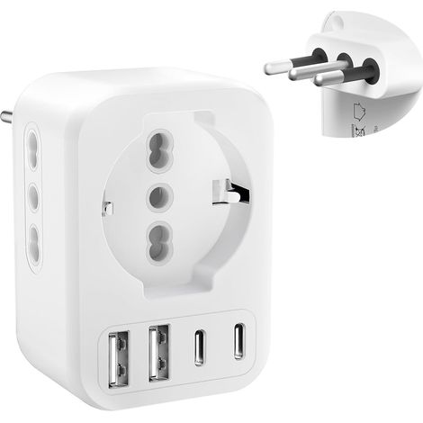 Adaptateur Prise Italien Adaptateur de Voyage avec 2 Prises IT/1 Prise Schuko/2 USB/2 Type-C, 2500W Adaptateur Europe FR 2 Broches vers US 3 Broches pour Italie, Chili, Saint-Marin, Vatican,Type L (1/5)