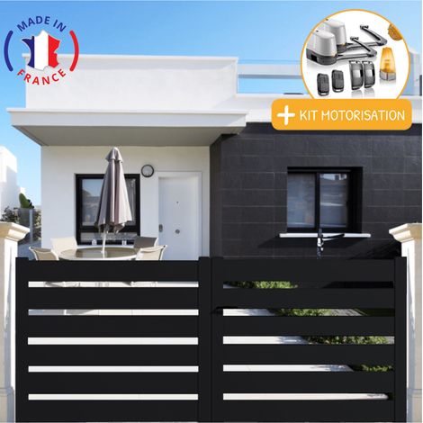 Portail aluminium battant SAH en kit + Motorisation dimensions L.3000 (entre piliers) X H.1980 mm LOCKYVIA (à bras) Couleurs Noir (RAL 9005)