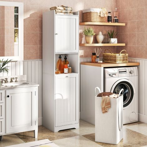 Armoire de Salle de Bain 170 CM Colonne de Linge Solide & Étroite avec Rangement Étagère Ajustable Sac à Linge avec Poignées Longues Blanc (1/2)