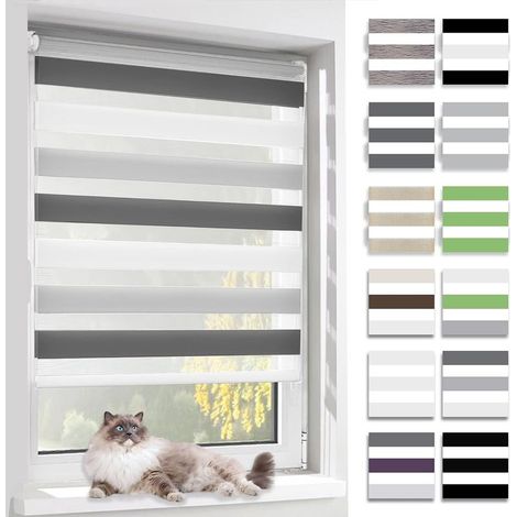 Store Enrouleur Jour Nuit,Tissu Double,Rideau sans Perage,Translucide Occultant Protection Vie privée,pour Fenêtre et Porte,(Largeur du Tissu 50 cm),Blanc-Gris-Anthracite,50l x 120L cm (1/5)