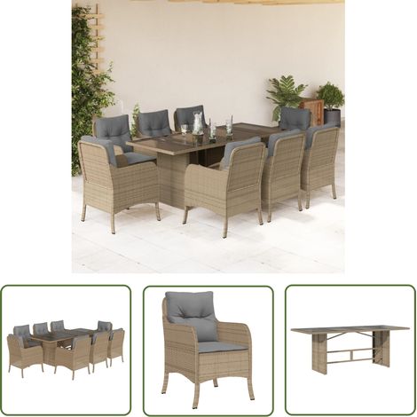 The Living Store Ensemble à manger de jardin et coussins 9 pcs beige Poly rotin - Salon De Jardin - Mobilier De Jardin - Set De Jardin - Table De Jardin - Chaises De Jardin (1/5)