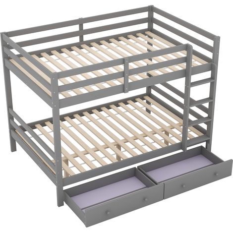 Lit superposé 140x200 en bois massif avec barrières de sécurité, lit enfant avec tiroirs et espace de rangement, lit superposé gris. (1/5)