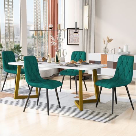 Ensemble table à manger avec 4 chaises en velours, plateau MDF effet marbre, pieds métal doré, moderne, vert (1/5)