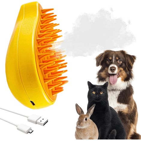 Brosse vapeur 3 en 1 pour chat, brosse de toilettage pour chien, brosse multifonctionnelle rechargeable en silicone pour chat (jaune) (1/3)