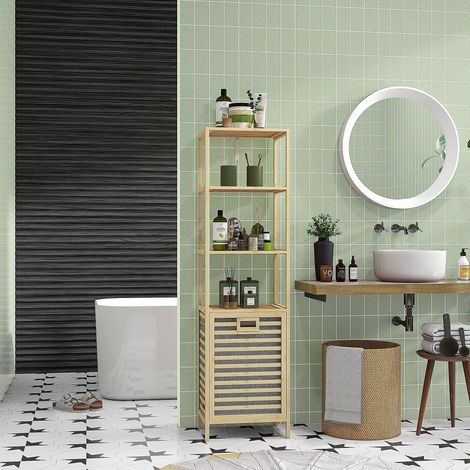 Badezimmerschrank mit 3 Ablagen und Wäschekorb aus Stoff, hoher, platzsparender Badezimmerschrank aus Bambusholz, 44 x 33 x 160 cm