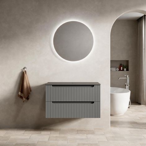 80cm Schwebender Badezimmer,Schwarze-Sintersteinplatte,Gestreifter Sperrholzschrank mit 2 Schubladen,Vormontiert, ohne Waschbecken,Dunkelgrau (1/4)