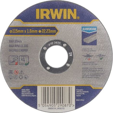 Disco de corte Irwin Pro IW8082141 115 mm, para cortar aluminio, 1,6 mm de espesor, compatible con amoladoras angulares de 115 mm, corte rápido y preciso, bajo desperdicio.