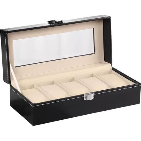 Boîte à montres, boîte à montres à 6 compartiments, coffret de rangement pour montres en PU avec couvercle en verre, cadeau pour homme, noir