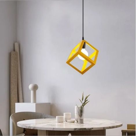 Lampe Plafonnier Industrielle en Métal Jaune Lustre Suspension en Forme Carré Style Vintage pour Salon Chambre Cafe Bar (1/4)
