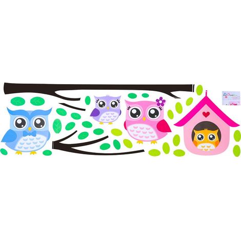 Famille de chouettes sur une branche d'arbre - Sticker mural amovible à faire soi-même pour chambre d'enfant ou décoration intérieure (1/5)