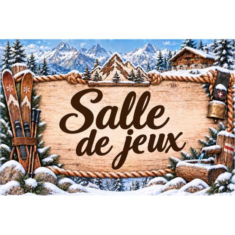 Plaque Salle de jeux 20 x 15 cm aluminium décor montagne ski (1/2)