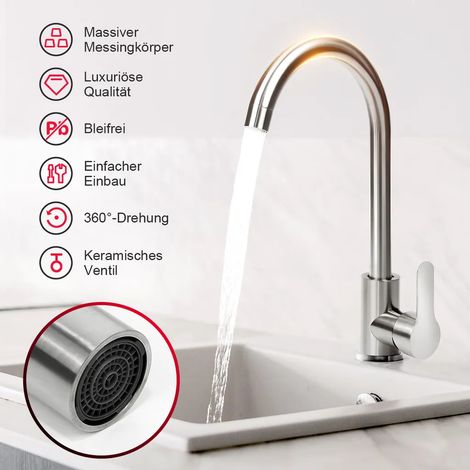 Diese Küchenarmatur ist aus Edelstahl 304 gefertigt, verfügt über ein um 360° drehbares Hochdruckdesign und beinhaltet eine einsträngige Spültischarmatur und eine Mischbatterie (silber).