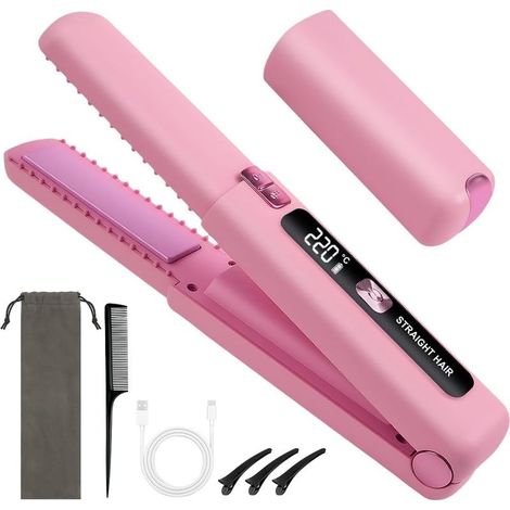 Lisseur sans fil, lisseur et boucleur 2 en 1 avec chargement USB, 6 températures réglables et écran LED, mini boucleur portable pour les voyages (rose)
