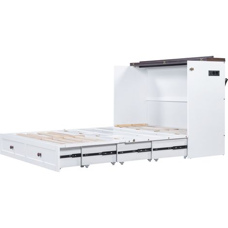 Cama armario 140 x 200 cm en pino y MDF blanca con almacenaje, puerto USB y enchufe (1/5)