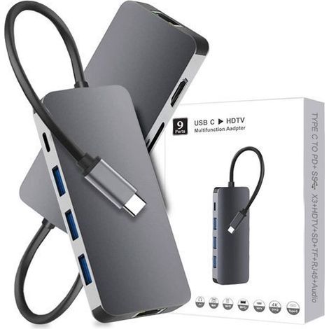 Adaptateur Alogy HUB 9 en 1 HDMI 4K RJ45 USB-C PD 3xUSB AV SD/TF/microSD (1/5)