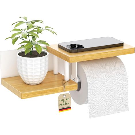 Porte Papier Toilette Mural en Bois de Bambou [sans PERCAGE]  Derouleur Papier Toilette de Haute qualité avec étagères  Blanc  Porte Rouleaux de Papier Toilette (1/5)
