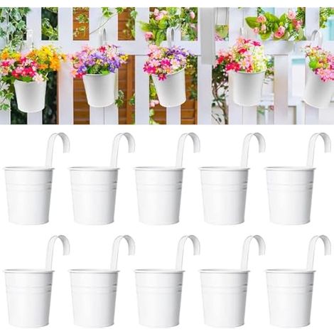 10 Pots suspendus en métal blanc 10 cm, seau à fleurs avec crochet amovible pour balcon, rampe, clôture, jardin, décoration intérieure
