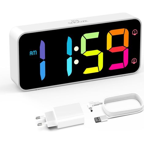 Réveil Numérique LED avec Grands Chiffres RGB, Double Alarme, Fonction Snooze, Luminosité Réglable, 8 Mélodies, Alimentation Secteur (1/5)