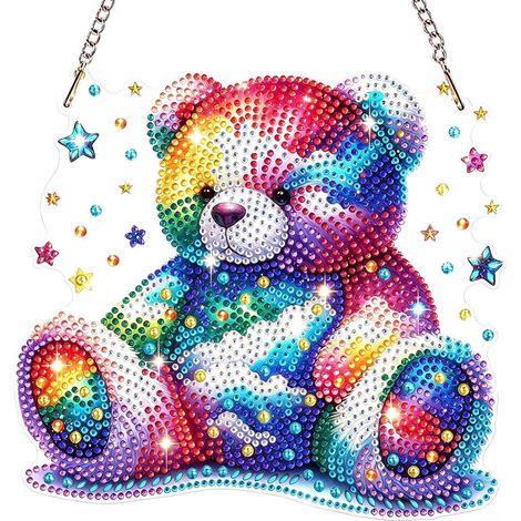 Diamant Malerei Anhänger Bunter Regenbären Fensterbild mit Kette für Kinder & Erwachsene