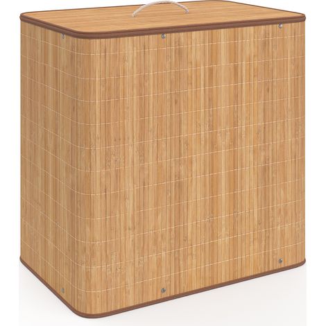 Idmarket – Panier à linge 3 bacs amovibles en bambou – Compartiments en tissu écru – Dimensions 60x40x60 cm – Rangement optimisé pour salle de bain