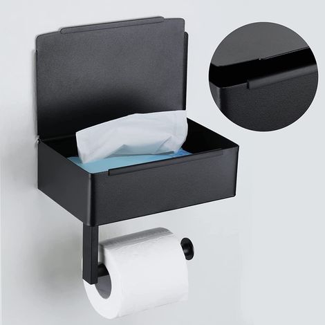 Portarrollos de papel higiénico de pared sin taladrar, con estantes y dispensador de toallitas húmedas, accesorio de baño, negro, para baño y cocina, acero inoxidable