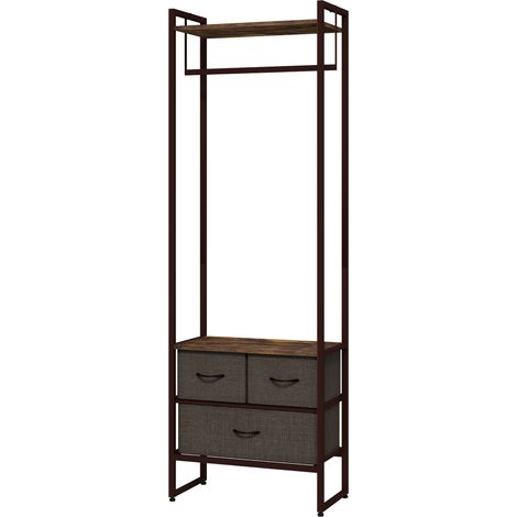 Portant à vêtements d'entrée avec 3 tiroirs en tissu et étagère de rangement, 58,5 x 30 x 178 cm, marron rustique