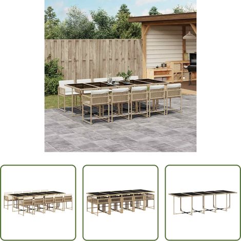 Gartenessgruppe - 11-tlg. Garten-Essgruppe mit Kissen Beige Poly Rattan (1/5)