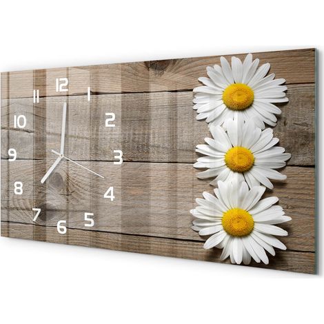 Horloge Murale Design Original 60x30 cm Verre Trempé Silencieuse Salon Marguerite sur bois (1/5)