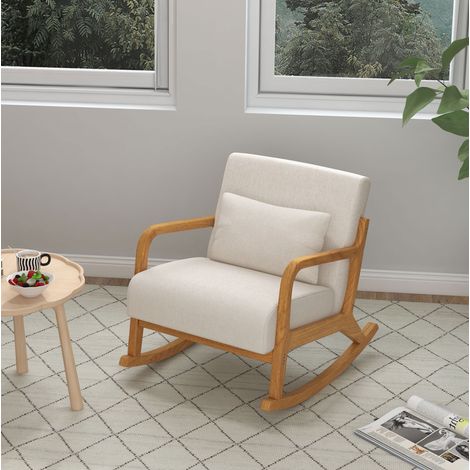 Sedia a dondolo in legno crema bianco 64,5 x 92 x 81,5 cm con braccioli e cuscino lombare (1/5)