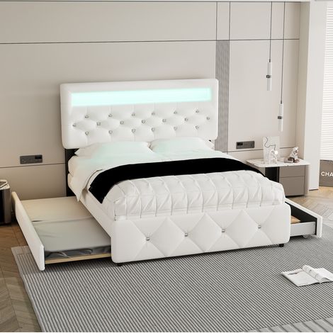 lit adulte double avec rangement tiroirs 140x200 blanc OKMYHOME (1/5)