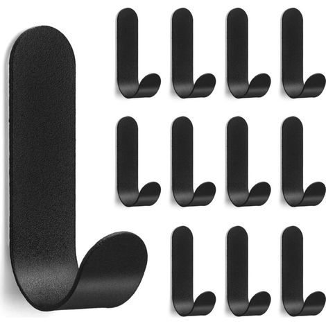 Juego de 12 ganchos adhesivos - Acero inoxidable - No requiere taladro - Para toallas de baño y cocina - Negro (1/4)
