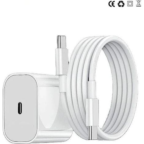 Chargeur rapide pour iPhone, adaptateur secteur USB-C 20 W + câble de 2 m, blanc, ensemble comprenant 1 chargeur et 1 câble de charge long pour iPhone. (1/4)