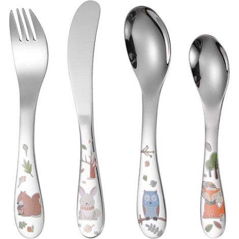 Ensemble de couverts pour enfants - 4 pièces - Cuillère - Fourchette - Couteau - Manche en acier inoxydable - Ensemble de 4 couverts - 1 paquet - Couleurs assorties (1/5)