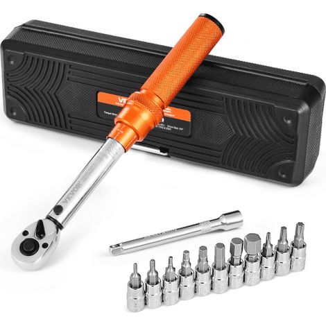 Juego de Llaves Dinamométricas de Clic Accionamiento de 1/4" 2,3-22,6 Nm 72 Dientes Escalas de Doble Dirección y Doble Rango con Vasos para Puntas y Barra de Extensión, Color Naranja (1/5)