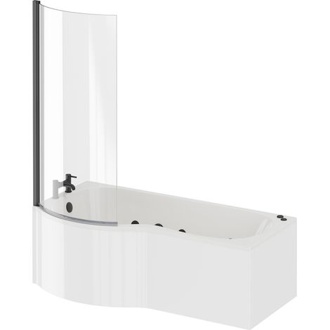 Plage 1700mm 6 Jet Matt Black V-Tec Left Hand P Shaped Whirlpool Shower Bath with Bath Screen and Front Bath Panel (1/5)
