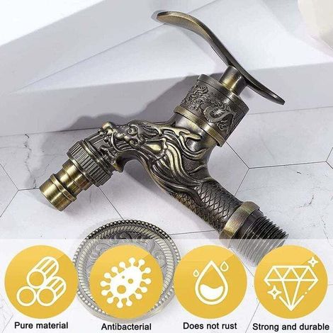 Retro Brass Wall-Mounted Faucet, Outdoor Garden Faucet G1/2", Antique Brass Faucet, Vintage Wall-Mounted Faucet, Antique Copper Carved Dragon Faucet for Kitchen, Bathroom, Garden (1/4)