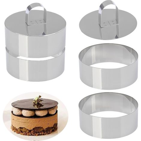 4 Round Cookie Cutters with 2 Pushers, 10.5 cm Stainless Steel Pastry Circle, Tartlet Moulds Round Dessert Rings, Dessert Ring Mousse Mould for Dessert Cake (1/5)