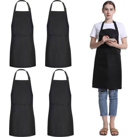 4 pièces tabliers de cuisine, noirs imperméables et réglables avec 2 poches, tablier polyvalent pour cuisine, jardinage et ateliers manuels (1/4)
