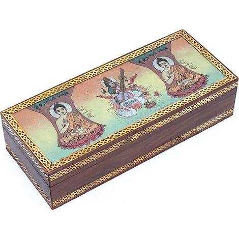 Boîte décorative Bouddha et Saraswati en bois de manguier (1/2)