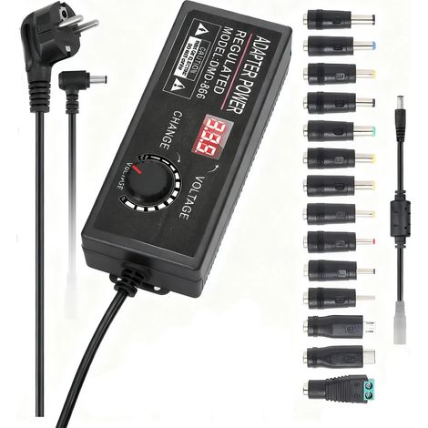 Alimentation réglable 36V 4A 144W, adaptateur universel 100‑240V CA vers CC 36V. Avec affichage LED tension, 14 embouts et câbles de polarité, pour éclairage LED, haut‑parleurs et équipements divers. (1/5)