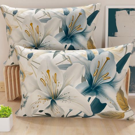 Lot de 2 Taies d'Oreillers 50x70 cm 100% Microfibre Hypoallergénique, Housse Oreiller Rectangulaire Motif Floral Bleu Blanc, Paquet de 2