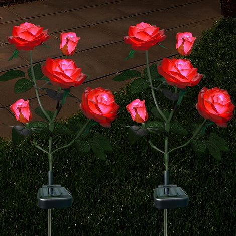 Lot de 2 lampes solaires d'extérieur en forme de roses décoratives pour jardin, cour, patio, allée, étanche à la pluie, rouge