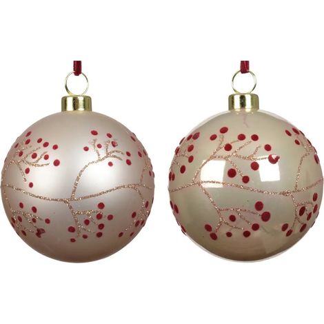 Perlweiße Weihnachtskugel mit roten Beeren Ø8 cm