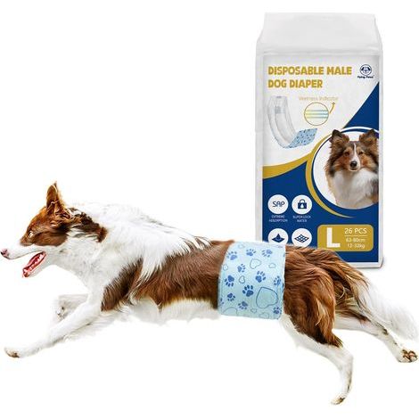 26 Couches Jetables pour Chien Mâle L, Indicateur d'Humidité Culottes Hygéniques Super Absorbantes, Bandes Ventrales Anti-Fuites (1/5)
