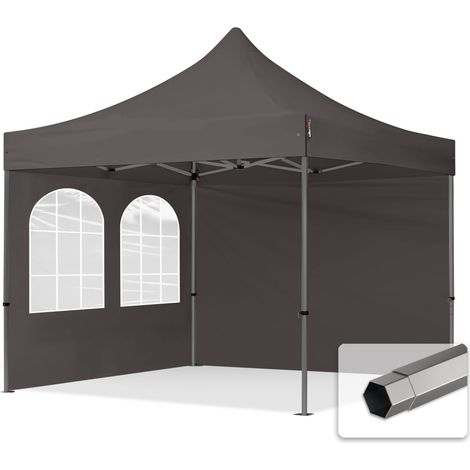 3x3 m Faltpavillon, PREMIUM Stahl 40mm, Seitenteile mit Sprossenfenstern, dunkelgrau