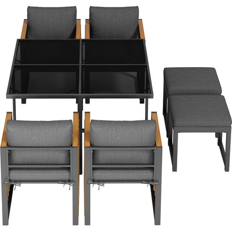 Gartenmöbelset Mit 1 Tisch, 4 Sesseln und 2 Fußhockern, Für 6 Personen und Terrasse, Akazienholz, Metall, Glas und Polyester, Schwarz und Natur (1/5)