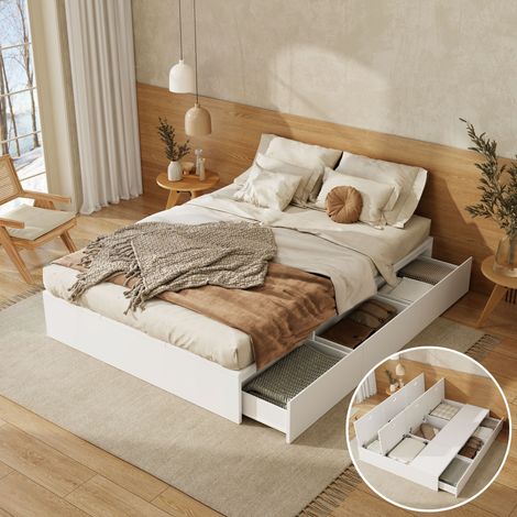 Lit coffre bois 140x200 cm blanc style palette avec tiroirs rangement et grand espace sous lit sans matelas (1/5)