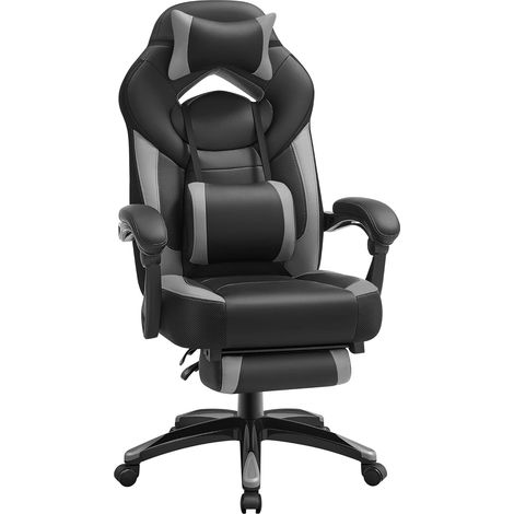 Sedia da Gaming Ergonomica, Sedia Ufficio con Poggiapiedi, per Scrivania, Schienale Inclinabile, Poggiatesta e Supporto Lombare Regolabile, Portata 150 kg, Grigio e Nero (1/5)
