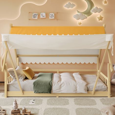 Lit d'enfant 90x200cm, design en forme de cabane, tente amovible, avec barrières de sécurité, pin + contreplaqué, couleur naturelle (1/5)